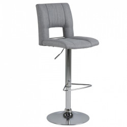 Moderní nastavitelná barová židlička s kulatým kovovým podstavcem, čalounění látka, světle šedá / chrom
