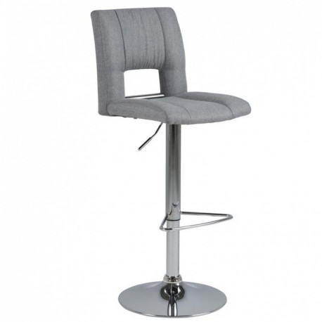Moderní nastavitelná barová židlička s kulatým kovovým podstavcem, čalounění látka, světle šedá / chrom