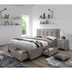 Moderní čalouněná manželská postel se šuplíky béžová 160x200 cm, tkanina / masivní dřevo