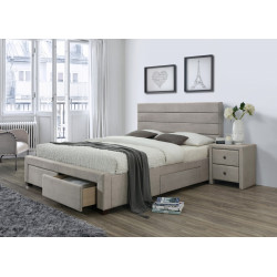 Luxusní čalouněná manželská postel béžová se šuplíky 160x200 cm, masivní dřevo / látka