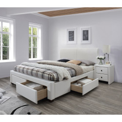 Bílá manželská postel čalouněná se šuplíky, kožený vzhled 160x200 cm