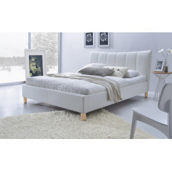 Luxusní moderní bílá manželská postel 160x200 cm, čalounění ekokůže, dřevěné nohy