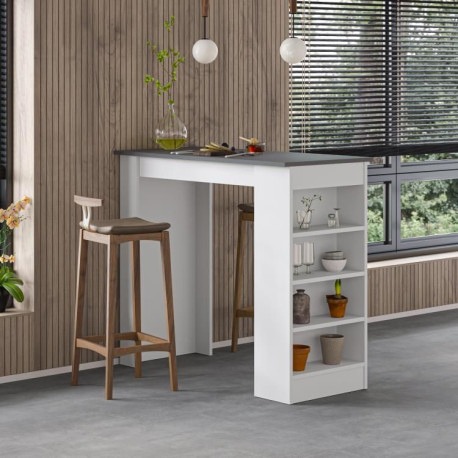 Úzký barový stůl s policemi do jídelny / kuchyně / restaurace, šedá + bílá, 117x102x54 cm