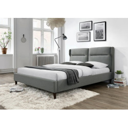 Moderní čalouěná manželská postel s vysokým čelem, dřevěné nohy barva ořech, šedá, 160x200 cm