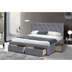 Luxusní manželská postel s vysokým prošívaným čelem a šuplíky, látkové čalounění šedé, 160x200 cm