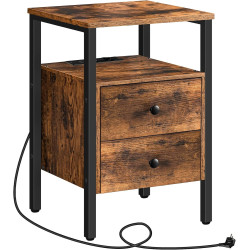 Industriální noční stolek se zásuvkami a USB porty tmavě hnědé dřevo / černý kov 40x61x40 cm