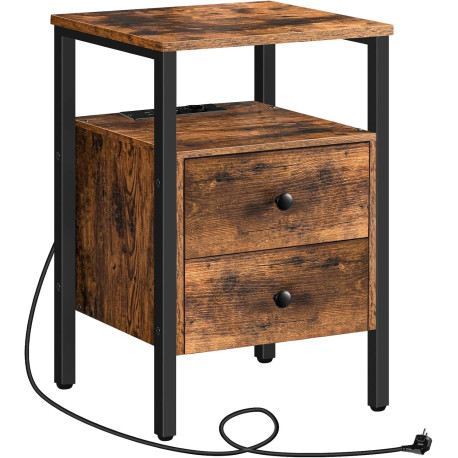 Industriální noční stolek se zásuvkami a USB porty tmavě hnědé dřevo / černý kov 40x61x40 cm