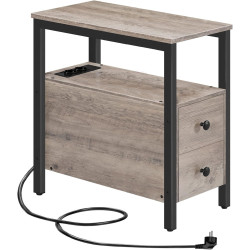 Úzký industriální noční stolek se zásuvkami a USB šedé dřevo / černý kov 30x61x48 cm