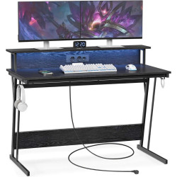 Herní stůl se zásuvkami a nástavcem na monitor černý osvětlený 120 cm