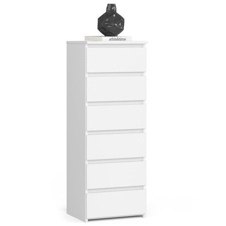 Bílá komoda vysoká úzká do ložnice / předsíně / šatny, 6 šuplíků, 40x109x35 cm