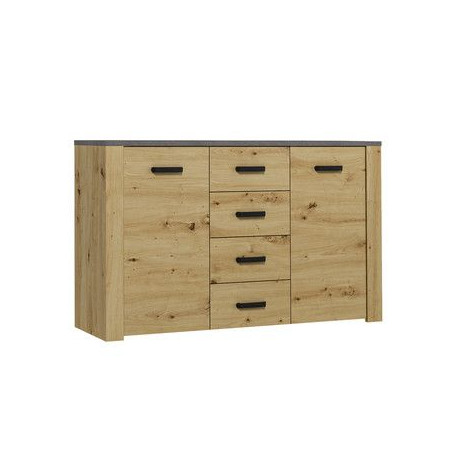 Obývací komoda rustikální hnědá / šedá, dub artisan, šuplíky + dveře, 138x86x43 cm