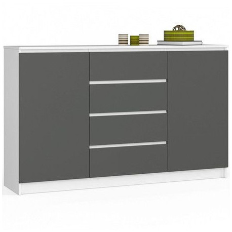 Skříňka komoda šířka 140 cm kombinovaná - šuplíky + dveře, bílá / grafitově šedá, 138x99x40 cm