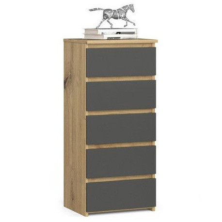 Šuplíková komoda úzká vysoká dub artisan / šedá na čepice, šály, rukavice, ponožky, 40x92x35 cm