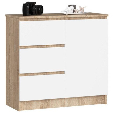 Levná komoda 80 dub sonoma + bílá se šuplíky a dvířky 80x77x35 cm