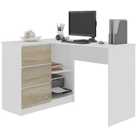 Rohový malý kancelářský stůl dub sonoma / bílá levý, šuplíky + police, 125 cm
