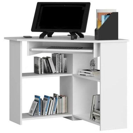 Malý rohový stůl pod počítač bílý s policemi a deskou na klávesnici 80x80 cm