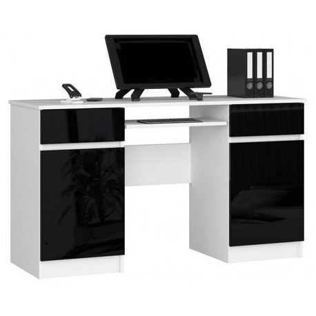 PC stůl rovný do kanceláře / pracovny / pokoje, bílá + černá lesklá, 135 cm