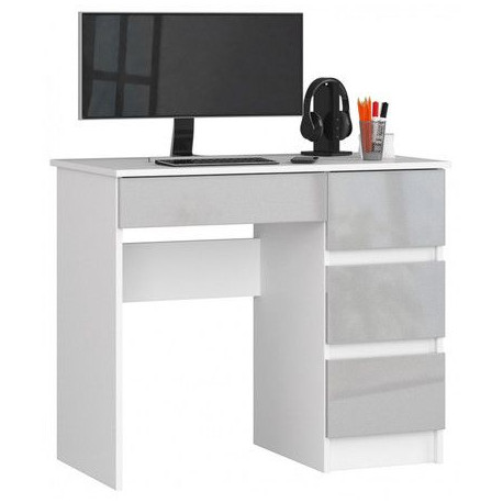 Malý moderní PC stůl šedá lesklá / bílá se šuplíky do kanceláře / dětského pokoje 90 cm