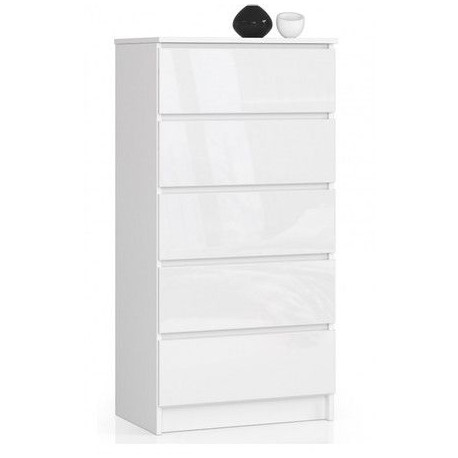 Lesklá bílá úzká skříňka se šuplíky bezúchytkové moderní provedení 60x121x40 cm