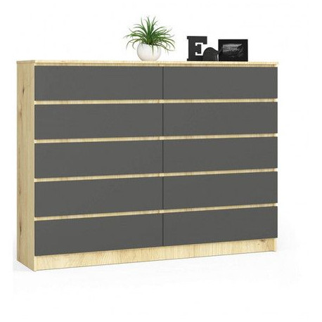 Velká komoda dub artisan / šedé čelo, 10 šuplíků na drobnosti / oblečení, 160x121x40 cm