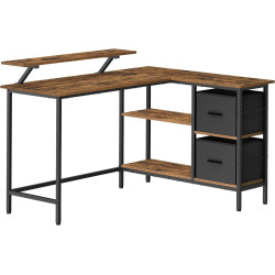 Designový rohový industriální pracovní stůl s kovovým rámem, tmavě hnědá opálená / černá, 135 cm
