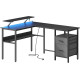 Rohový počítačový stůl s elektrickými zásuvkami černý, pevný kovový rám, 150x120 cm