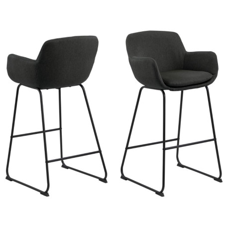 Pohodlná čalouněná barová židle s područkami a opěradlem, tenké kovové nohy, tmavě šedá