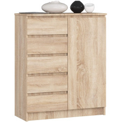 Levná jednoduchá komoda světle hnědý dub sonoma, dveře + šuplíky, 80x97x35 cm