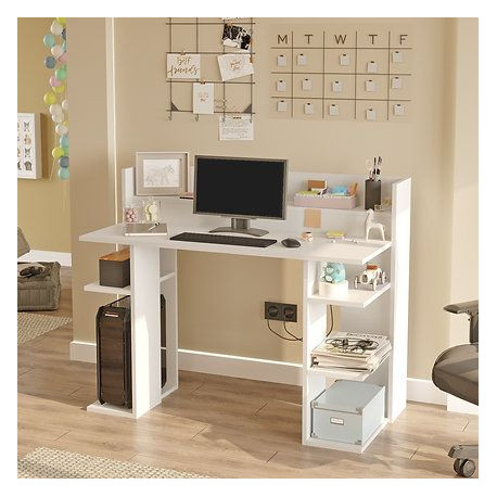 Levný počítačový stůl bílý do dětského pokoje / pracovny, velké úložné prostory, 124 cm